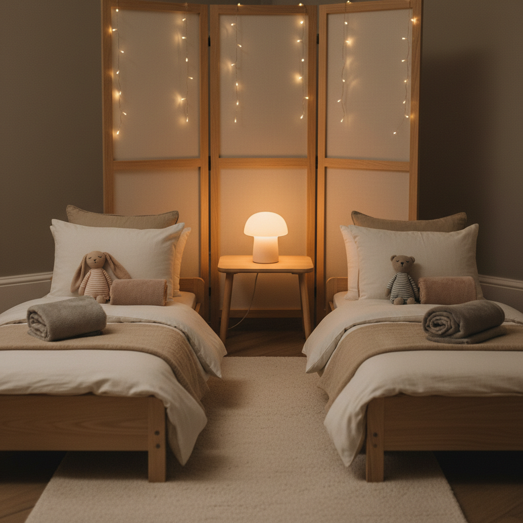 A calm, dedicated nap and quiet-time corner prepared at a wedding venue, featuring two low, toddler-sized camp beds with soft, neutral bedding, small plush comfort toys, and rolled fleece blankets. A compact, white noise machine and a dimmable, warm-toned nightlight lamp sit on a simple wooden side table. Behind, a folding room divider with soft fabric panels separates the space from the main event, while fairy lights cast a gentle, twinkling glow. The overall lighting is low and soothing, with only soft, warm pools of light illuminating the beds. Photographic realism, shot from a slightly low angle to make the space feel cozy and enveloping, conveying nurturing, trustworthy care and a peaceful haven for tiny guests during lively celebrations.