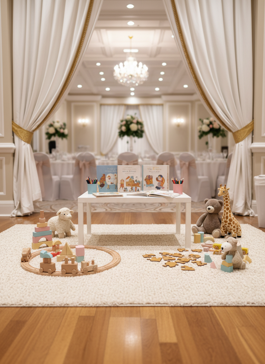 A beautifully arranged indoor play corner designed for a formal event venue, featuring a soft, cream-colored rug scattered with high-quality wooden toys, pastel building blocks, and plush animal figures. A low, white activity table holds neatly organized colouring materials, puzzles, and storybooks with illustrated covers. In the background, elegant draped curtains and a blurred glimpse of a decorated banquet hall suggest a wedding or celebration. Warm, diffused ceiling lighting bathes the scene, creating gentle reflections on the polished floor and a calm, inviting atmosphere. Photographic realism, shot at eye level with a shallow depth of field so the play area is in sharp focus and the event setting softly fades into a reassuring bokeh.