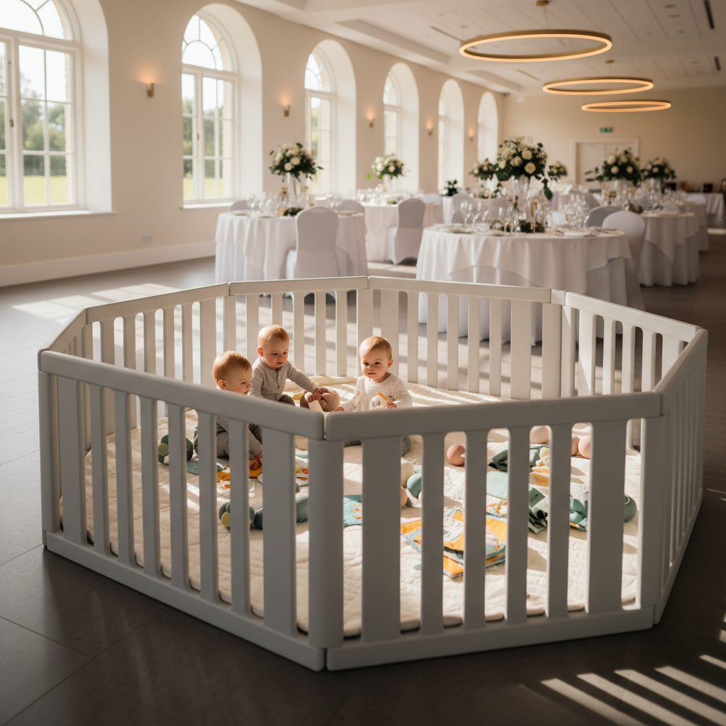 A safe, self-contained play area set up in the corner of a bright reception hall, defined by a modern, light-grey foam playpen with rounded edges and a soft, quilted mat inside. Within the playpen sit carefully chosen sensory toys, textured balls, and soft books, all in muted, soothing colours. In the blurred background, round tables with white linens and floral centrepieces hint at a wedding celebration. Natural daylight pours in from tall windows, supplemented by warm overhead lights, creating a soft, cheerful glow. Photographic realism, shot from a slightly elevated, three-quarter angle using rule-of-thirds composition, conveying a secure, supervised environment where children are content and protected while adults enjoy the event.