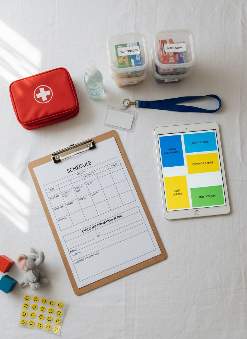 A detailed close-up of a professional event nannyβs toolkit laid out on a pristine white tablecloth, showcasing a clipboard with a carefully designed schedule grid, a blank child information form, and a digital tablet displaying a colour-coded activity plan. Alongside are a small first aid kit, labelled snack containers, hand sanitiser, and a lanyard with a generic, text-free ID badge. A few small, colourful toys and stickers peek into the frame, hinting at fun. Soft window light from the side creates gentle highlights on the paper and tablet screen, with subtle shadows adding depth. Photographic realism, captured from an overhead, flat-lay perspective, evoking organisation, 20+ years of experience, and meticulous, professional preparation for event childcare.