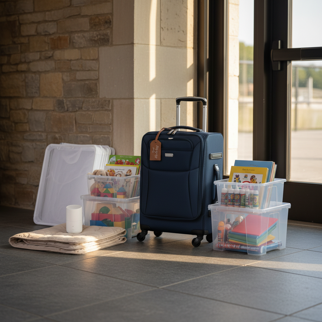 A compact, mobile event nanny setup displayed beside a venue entrance, featuring a neatly packed, modern navy-blue rolling suitcase with a tag reading βTiny Guestsβ in small, subtle script, surrounded by organized transparent bins filled with age-appropriate toys, books, and craft supplies. A folded, neutral-toned travel play mat, safety gate, and portable white noise machine sit nearby, all arranged on a clean stone floor. Soft afternoon daylight filters through nearby glass doors, creating natural highlights and soft shadows. The mood is professional, organised, and trustworthy. Photographic realism, captured from a slightly elevated angle with clear, crisp focus, emphasising preparedness and the ability to travel to different event locations with nurturing, reliable childcare resources.